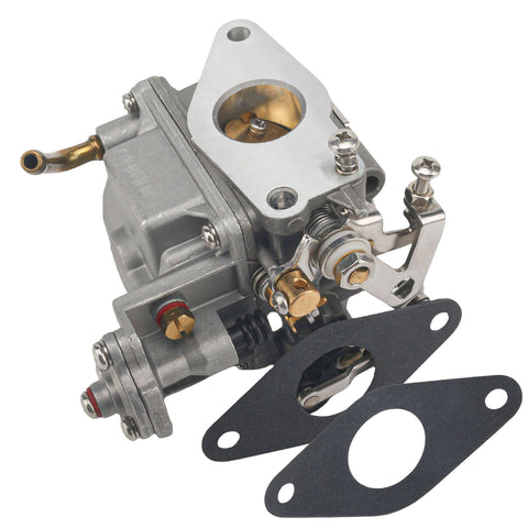 photo of jlm marine carburetor for tohatsu nissan mfs nsf 9.8hp 3dp-03100-0, silver metal with triangular intake flange, brass fuel inlet, throttle linkage, idle screw, and two black gasket