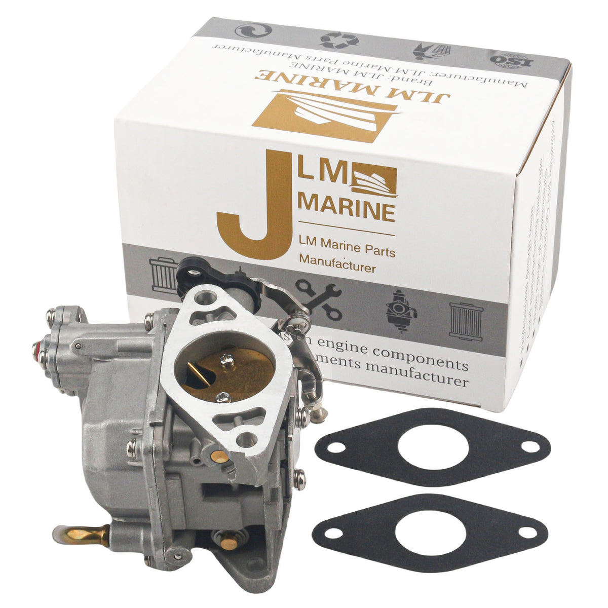 JLM Marine carburetor for Tohatsu Nissan MFS NSF 9.8hp 3dp-03100-0, silver metal with brass fittings, includes two grey gaskets