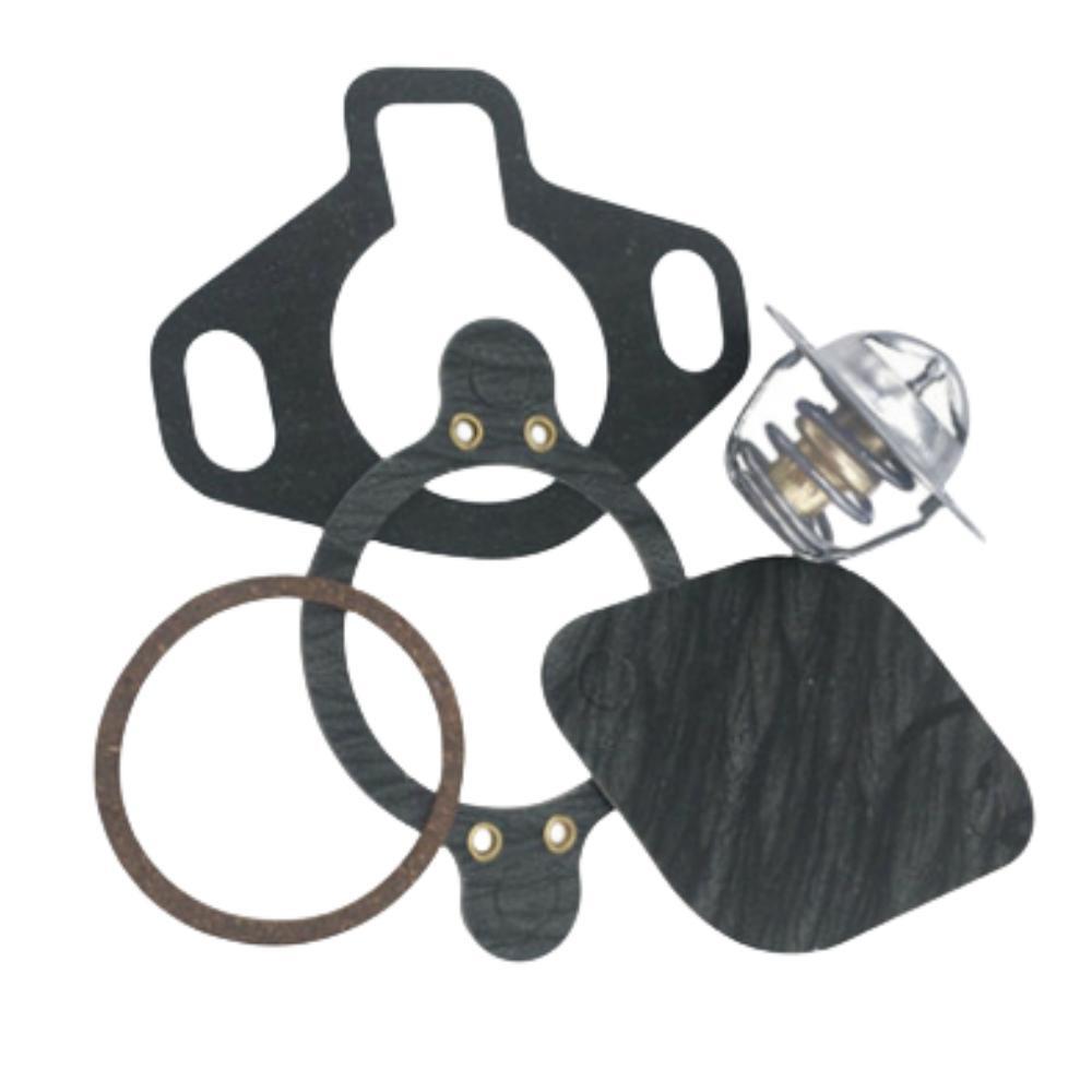 photo of jlm marine 160 thermostat kit for mercruiser v6 v8 with black multi-opening gasket and circular rust-brown gasket