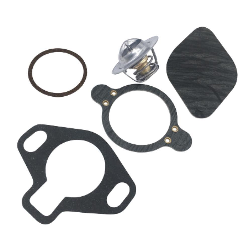 photo of JLM Marine thermostat kit 160 for Mercruiser V6 V8 with bronze thermostat, rubber gasket, two black composite gaskets with reinforced holes