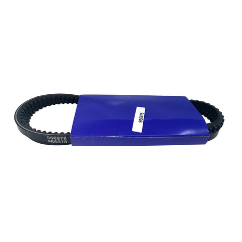 photo of jlm marine v-belt 966978 for mercruiser 3.0l 1999-2008 models, black ribbed with visible teeth, in blue sleeve