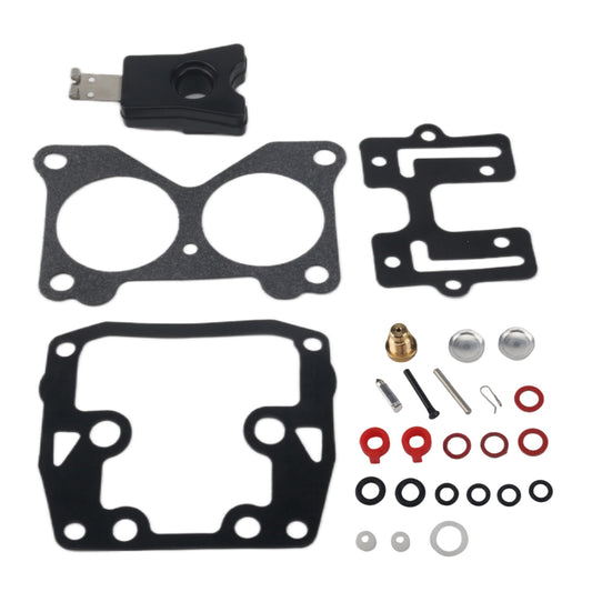 photo of JLM Marine carburetor rebuild kit parts for johnson evinrude 9-9 235 hp, including gasket, float component, jets, seals, and metal clip
