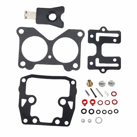 photo carburetor rebuild kit for johnson evinrude 9-9 to 235 hp 439076 featuring black gaskets, brass fitting, red and black o-rings