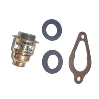 photo of JLM Marine thermostat for Tohatsu Nissan 3.5-50hp 350-01030, brass with black seal, open with spring, with two black O-rings and tan teardrop gasket with two holes