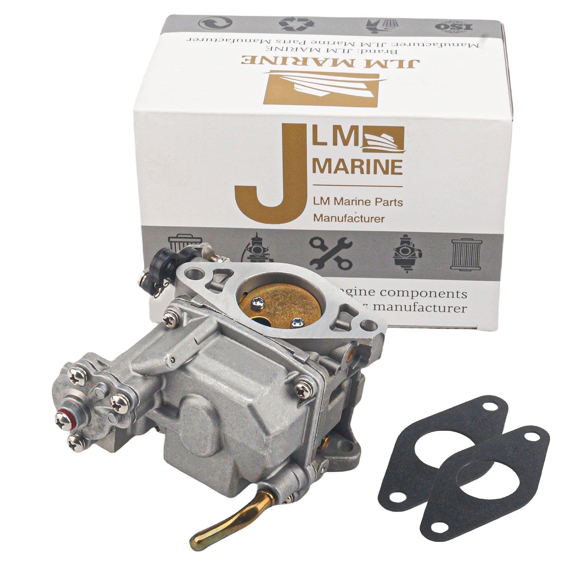 photo of jlm marine carburetor for tohatsu nissan mfs nsf 9 8hp 3dp 03100 0 with silver metal body and black gaskets