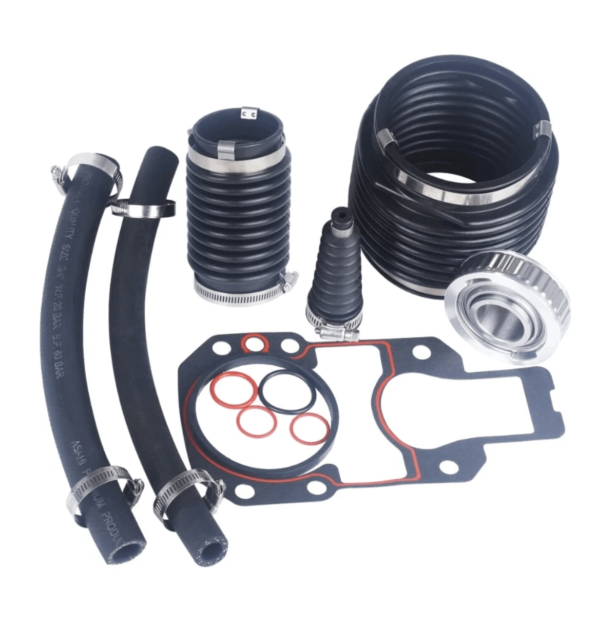 Complete MerCruiser Alpha One Gen I transom seal bellows kit 30-803097T1 showing all components including U-joint bellows, exhaust bellows, gimbal bearing, water hoses, gasket set, and stainless steel clamps