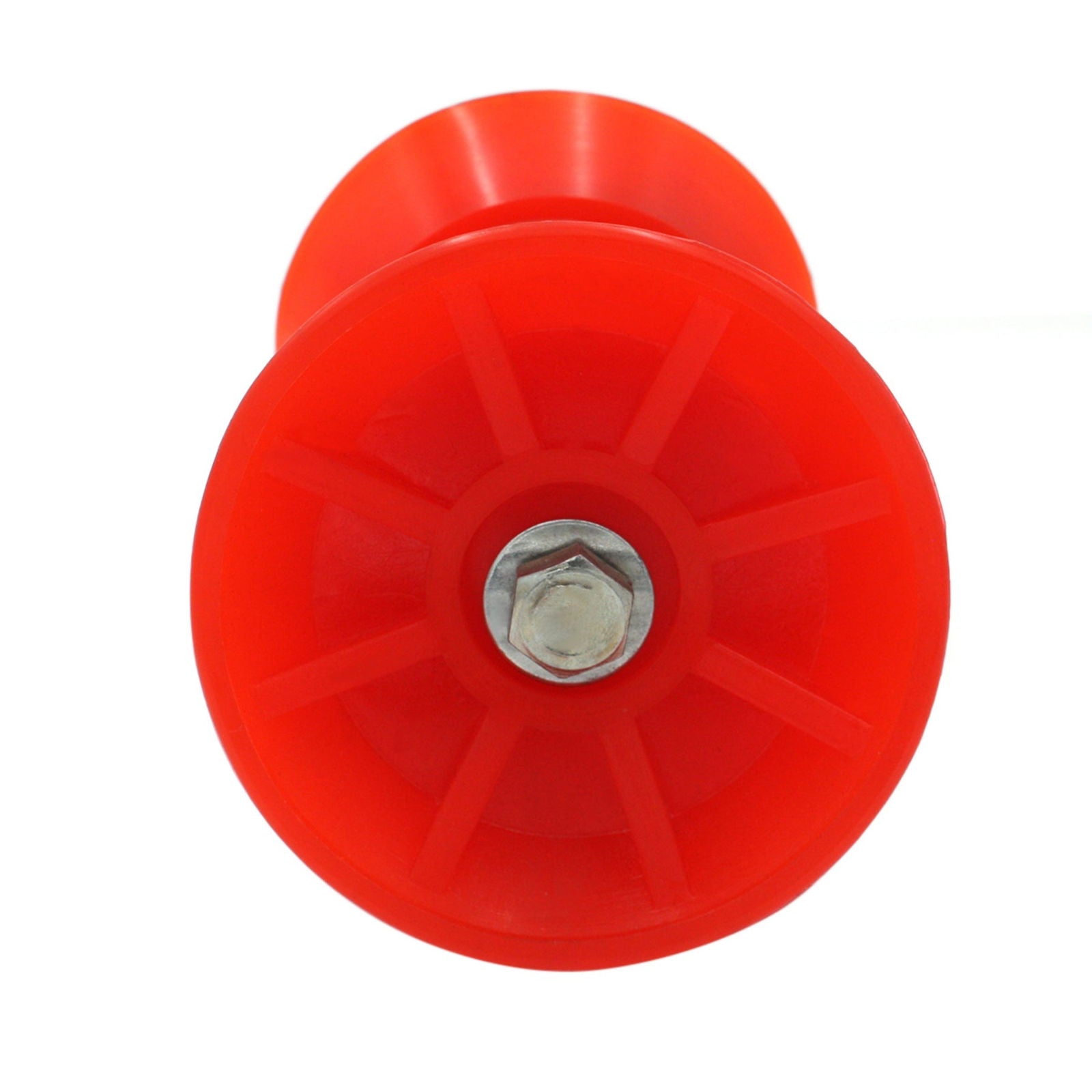 photo of JLM Marine 3-x-5 red polyurethane boat trailer roller with V-groove and 1/2 shaft