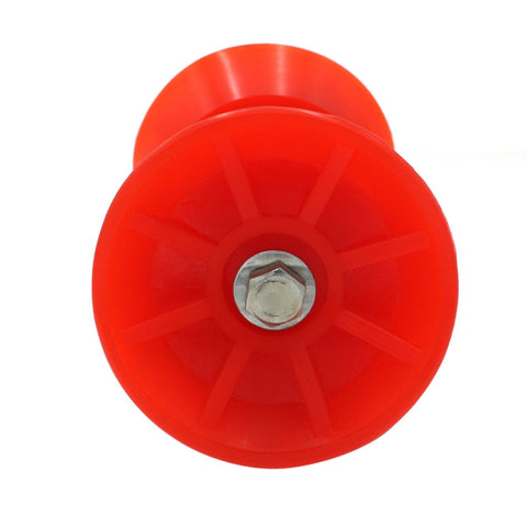 photo of JLM Marine 3-x-5 red polyurethane boat trailer roller with V-groove and 1/2 shaft