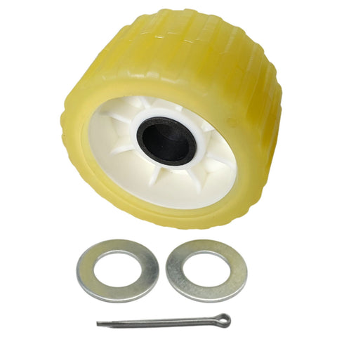 photo of yellow ribbed boat trailer wobble roller by JLM Marine with white plastic hub black inner sleeve and metal washers cotter pin