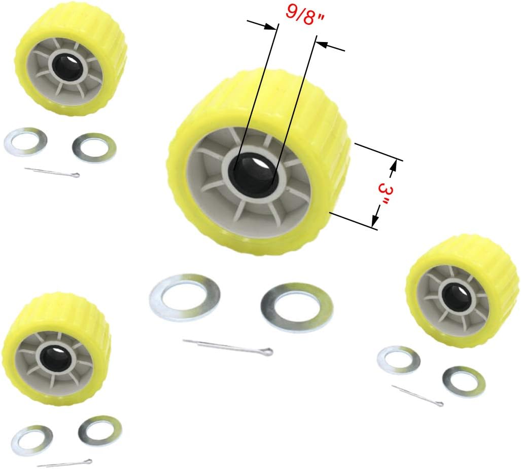 photo of 3 x 5 yellow poly ribbed boat trailer wobble rollers by JLM Marine, showing grey plastic internal brackets and black central hubs, with mounting hardware including washers and cotter pins visible