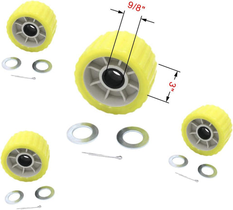 photo of 3 x 5 yellow poly ribbed boat trailer wobble rollers by JLM Marine, showing grey plastic internal brackets and black central hubs, with mounting hardware including washers and cotter pins visible