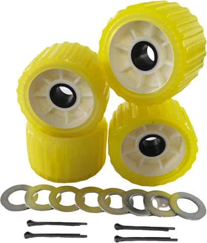 photo of four yellow 3 x 5 poly ribbed boat trailer wobble rollers by JLM marine with black center inserts and metal washers and pins