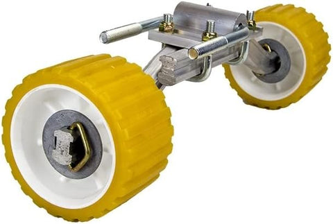 photo of jlm marine 3x5 ribbed boat trailer wobble rollers by 9.8 shaft, two yellow ribbed wheels with white rims on silver aluminum frame with mounting brackets and bolts