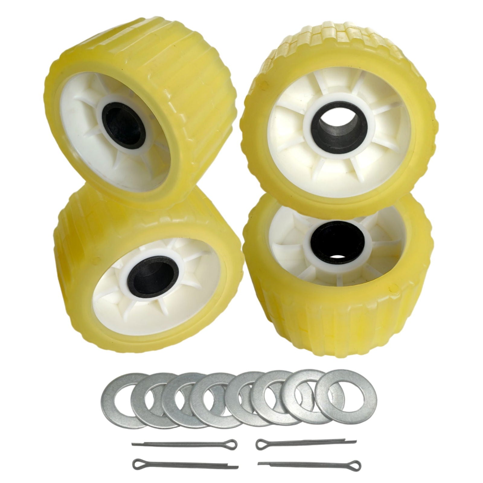 photo of four yellow poly ribbed boat trailer wobble rollers by JLM Marine with metal hardware and white spoked hubs, showing tactile ribs