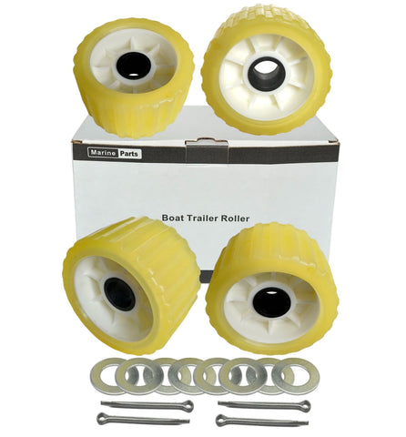 photo of JLM Marine 3x5 yellow poly ribbed boat trailer wobble rollers with white hubs and hardware