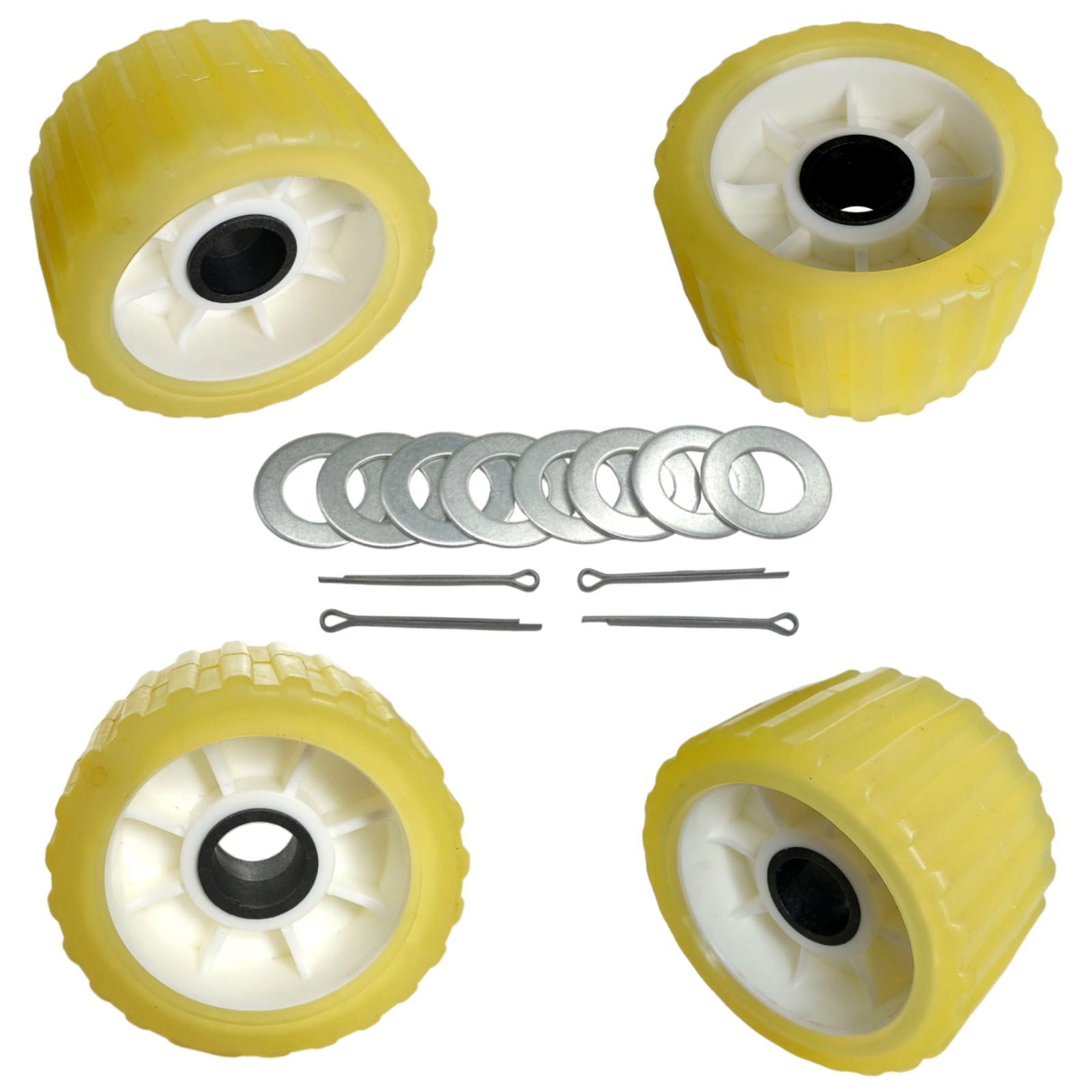photo of four JLM Marine yellow poly ribbed wobble rollers with white hubs and spokes on 9-8 inch shafts, shown with silver washers and dark pins