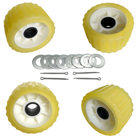 photo of four JLM Marine yellow poly ribbed wobble rollers with white hubs and spokes on 9-8 inch shafts, shown with silver washers and dark pins