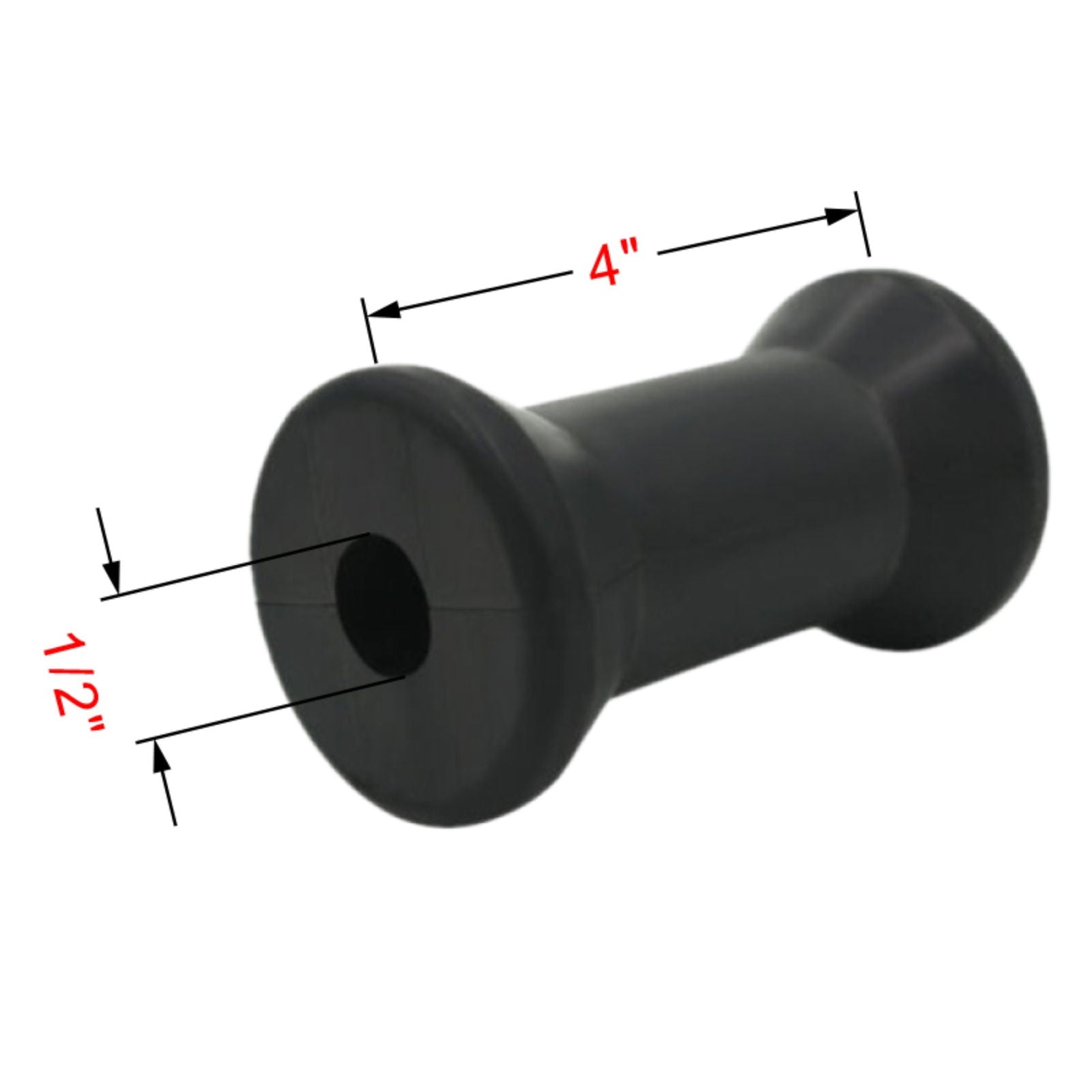 4 boat trailer spool roller by 1/2 shaft black rubber tapered ends 4 inch length 1/2 inch hole diameter
