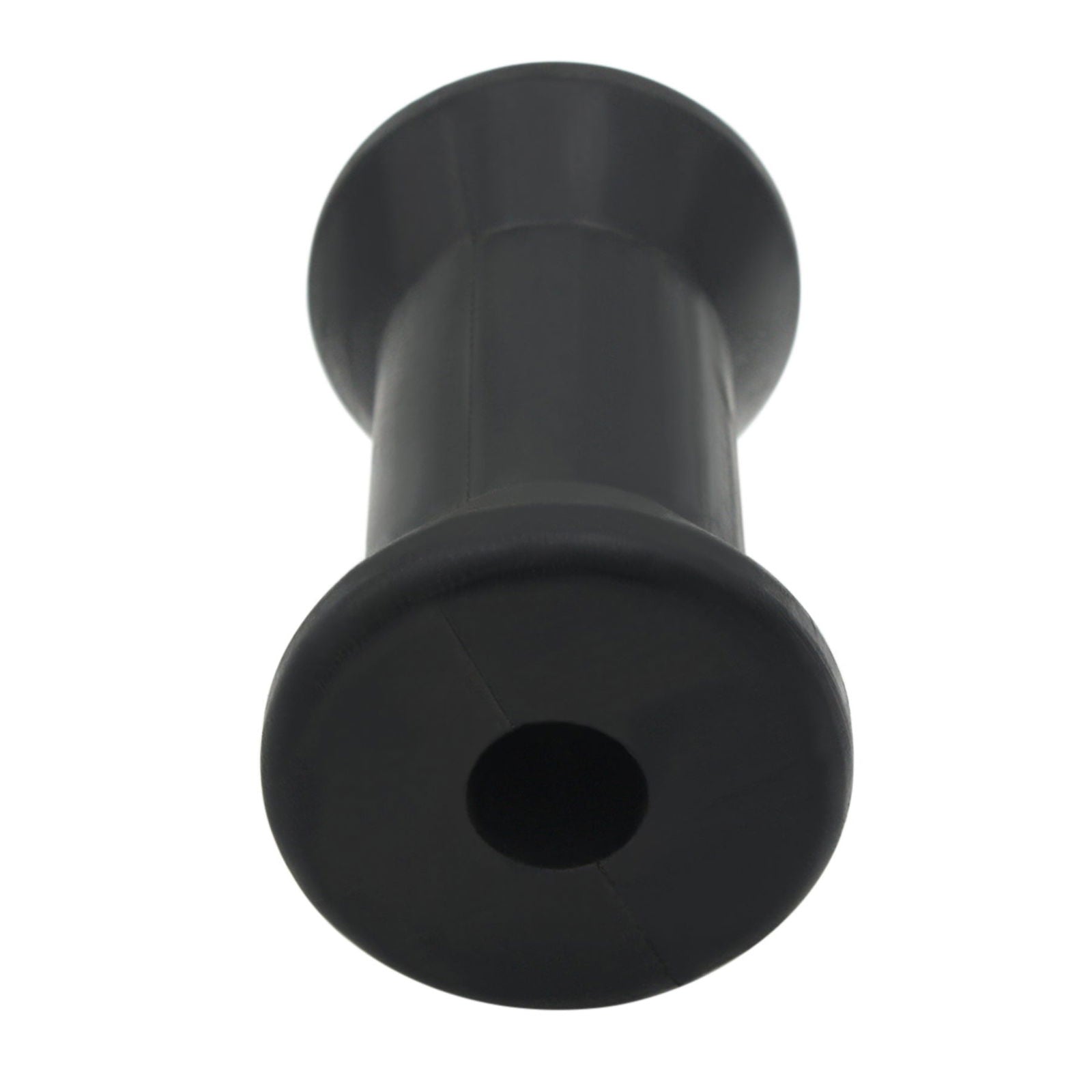 photo of 4-boat-trailer-spool-roller-by-1-2-shaft by jlm marine, black plastic cylindrical roller with flared funnel ends and central shaft hole