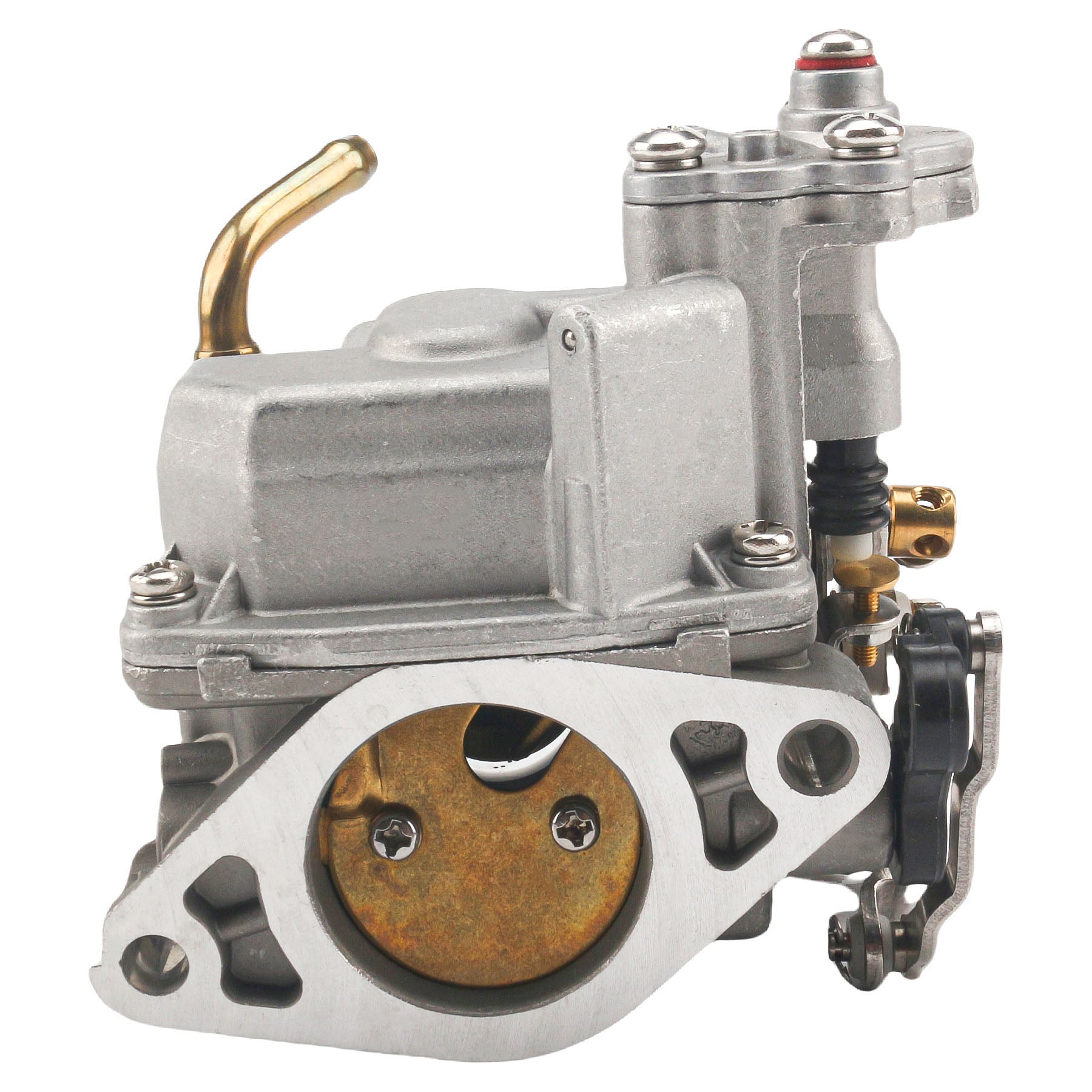 photo jlm marine carburetor for tohatsu nissan 3dp 03100-0 with silver brushed aluminum body and brass fuel inlet