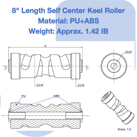 8 Inch Self Centering Keel Roller Blue by 5/8 Inch Shaft