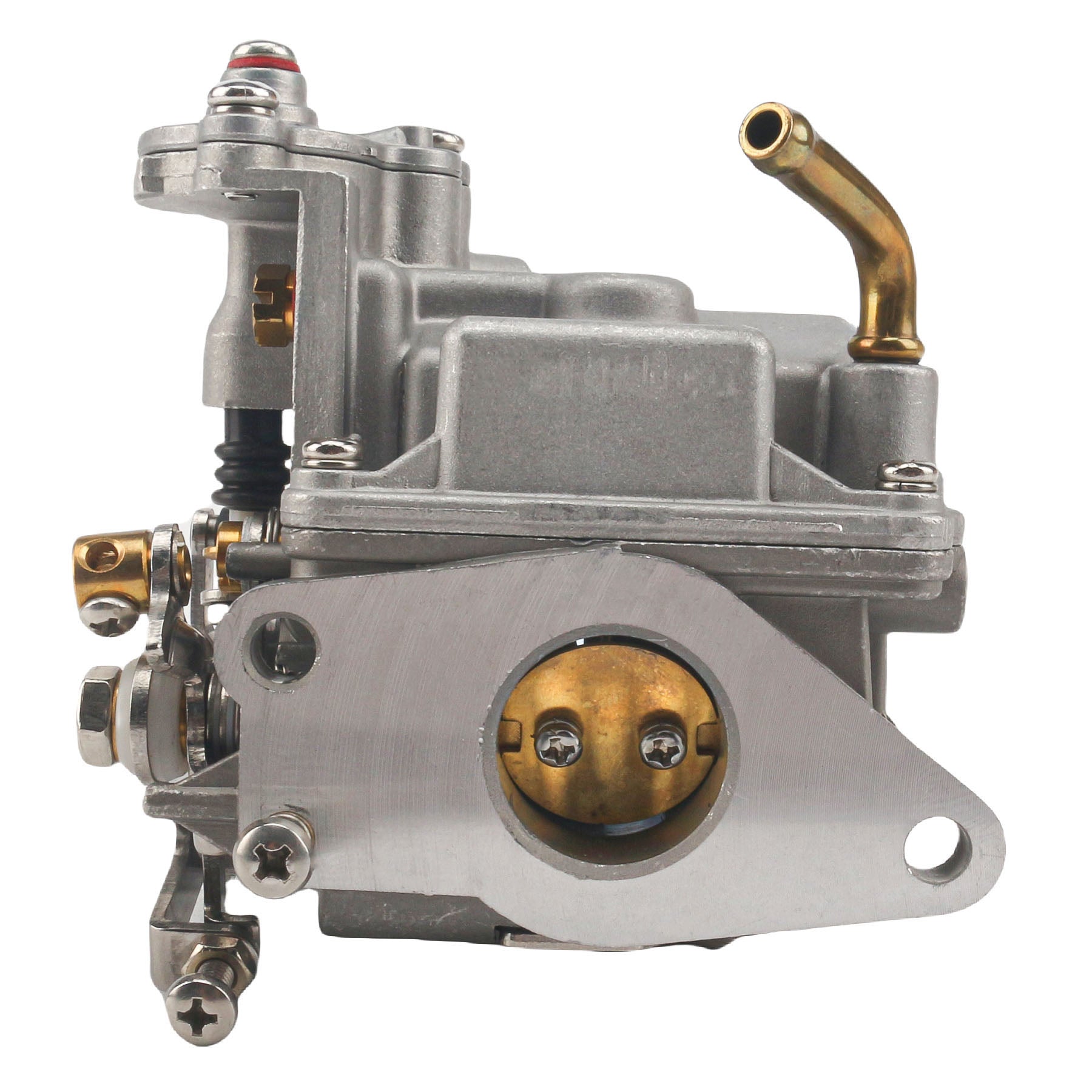 photo of jlm marine carburetor for tohatsu nissan mfs nsf 9.8hp 3dp031000, silver metal with brass fuel inlet and triangular mounting flange
