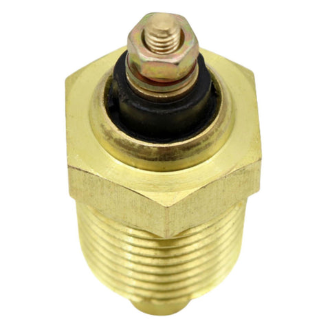 photo of jlm marine boat engine water temp sender 97258a1, hexagonal brass base with threaded male connectors, black rubber insulator with zinc-plated terminal, nut, and washer