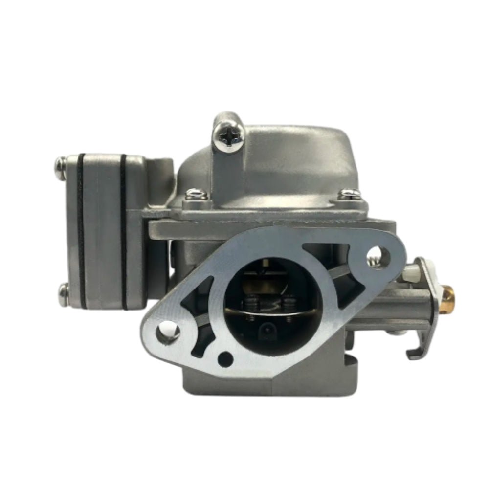 photo of jlm marine carburetor for mercury 4hp 5hp 812648t side view with silver metal bowl venturi and mounting flanges