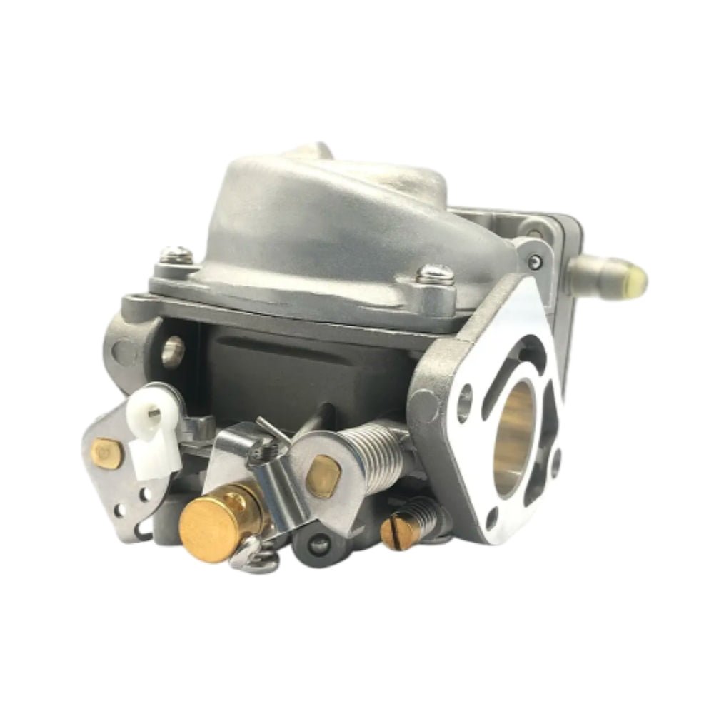 photo of disassembled JLM Marine carburetor for Mercury 4hp 5hp, silver aluminum casting with dark gray main body, brass adjustments, white plastic part, fuel inlet, and mounting flange with bolt holes