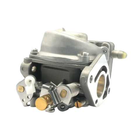 photo of disassembled JLM Marine carburetor for Mercury 4hp 5hp, silver aluminum casting with dark gray main body, brass adjustments, white plastic part, fuel inlet, and mounting flange with bolt holes