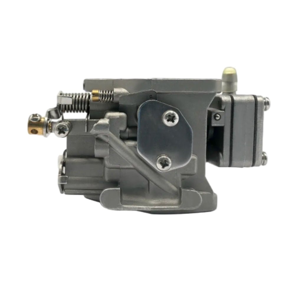 photo of JLM Marine carburetor for Mercury 4hp 5hp, silver metal, side view, showing linkages, levers, and screws