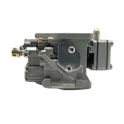 photo of JLM Marine carburetor for Mercury 4hp 5hp, silver metal, side view, showing linkages, levers, and screws