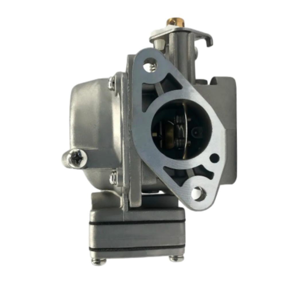 photo of jlm marine carburetor for mercury 4hp 5hp 812648t, cast aluminum body silver gray, intake manifold adapter with cutouts, visible butterfly valve, screw head on side, gold fastener on top