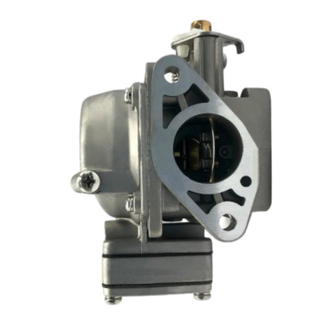 photo of jlm marine carburetor for mercury 4hp 5hp 812648t, cast aluminum body silver gray, intake manifold adapter with cutouts, visible butterfly valve, screw head on side, gold fastener on top