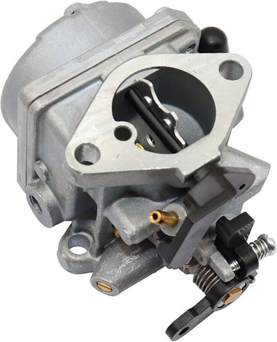 photo of jlm marine carburetor for tohatsu nissan 4-5 hp 3r1-03200-1, silver metal casting, top intake with butterfly valve, brass jet, throttle lever, spring
