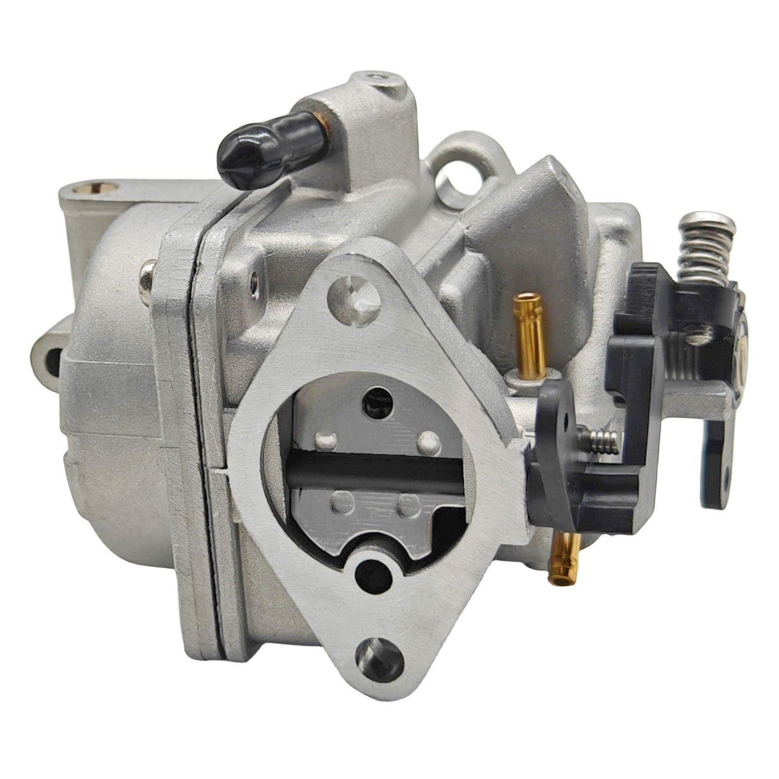 photo carburetor for tohatsu nissan 4 5 hp 3r1-03200-1 with silver metal body triangular mounting flange and brass fittings