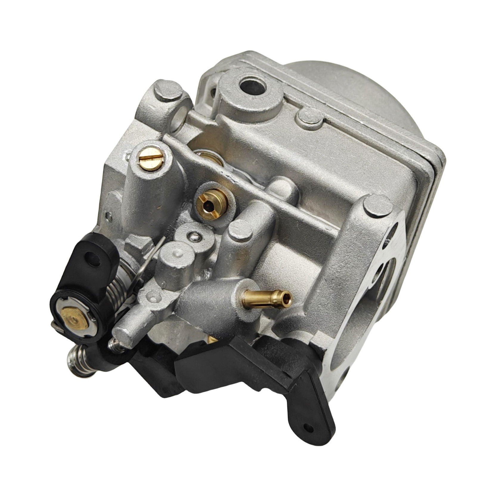 photo carburetor for tohatsu nissan 3r1-03200-1 jlm marine silvery-gray metal body brass fuel inlet black plastic lever two adjustment screws two screw mounting flange
