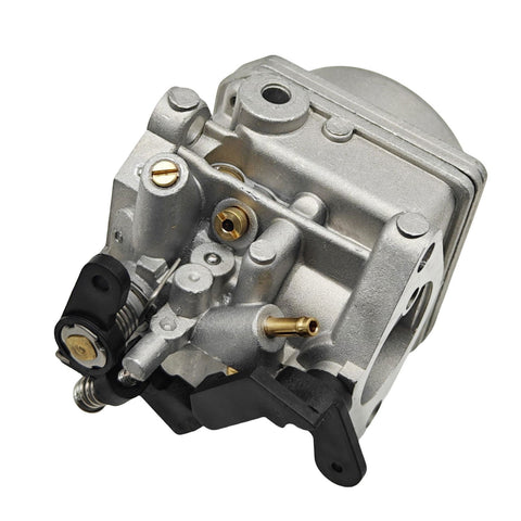 photo carburetor for tohatsu nissan 3r1-03200-1 jlm marine silvery-gray metal body brass fuel inlet black plastic lever two adjustment screws two screw mounting flange