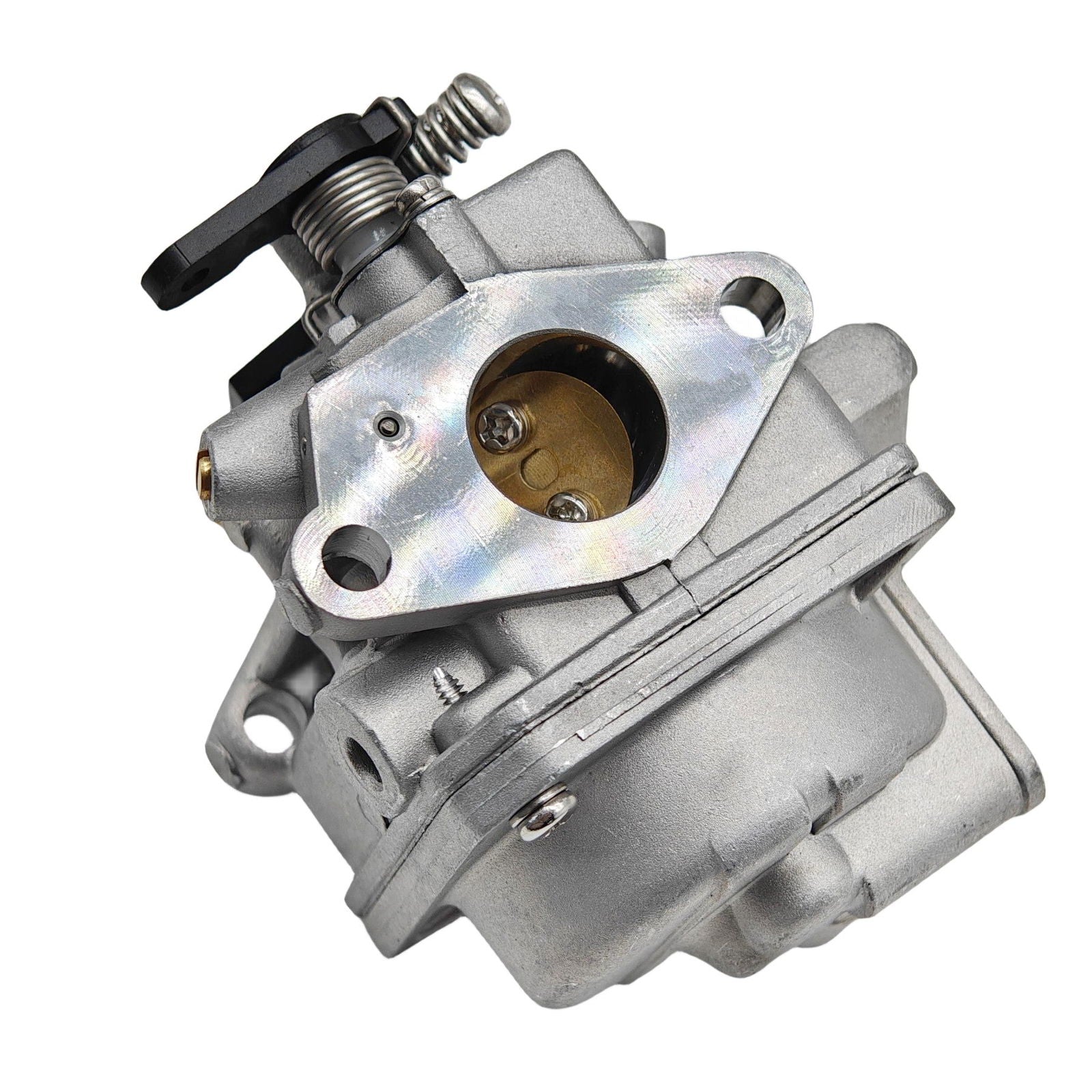 JLM Marine carburetor for Tohatsu Nissan 4-5 HP 3R1-03200-1 remote, high-angle view, silver with grey metal body, brushed metal mounting plate, brass component with two screws, black lever