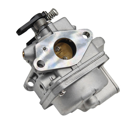 JLM Marine carburetor for Tohatsu Nissan 4-5 HP 3R1-03200-1 remote, high-angle view, silver with grey metal body, brushed metal mounting plate, brass component with two screws, black lever