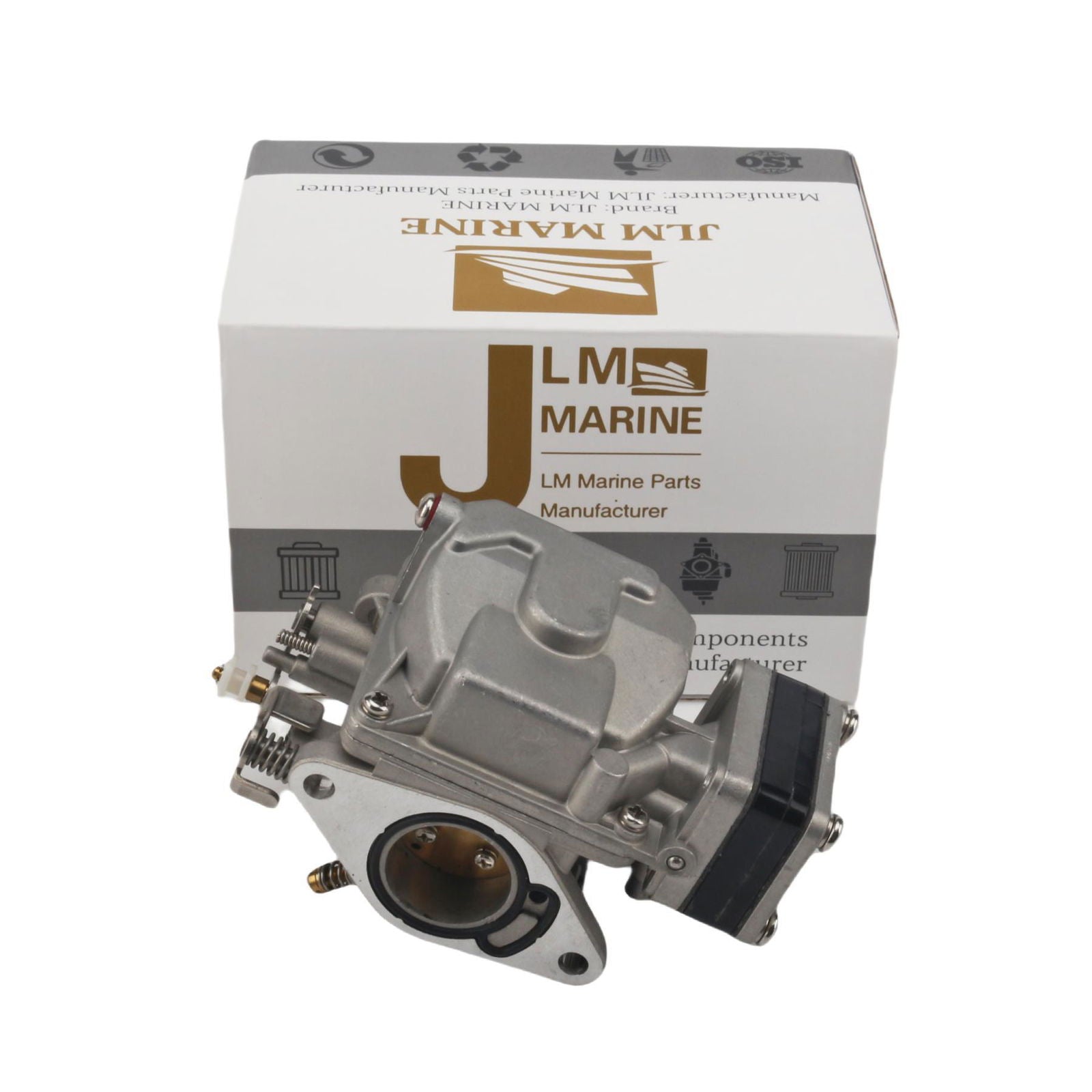 photo of jlm marine carburetor for tohatsu nissan 18hp with mounting flange and black rubber gasket