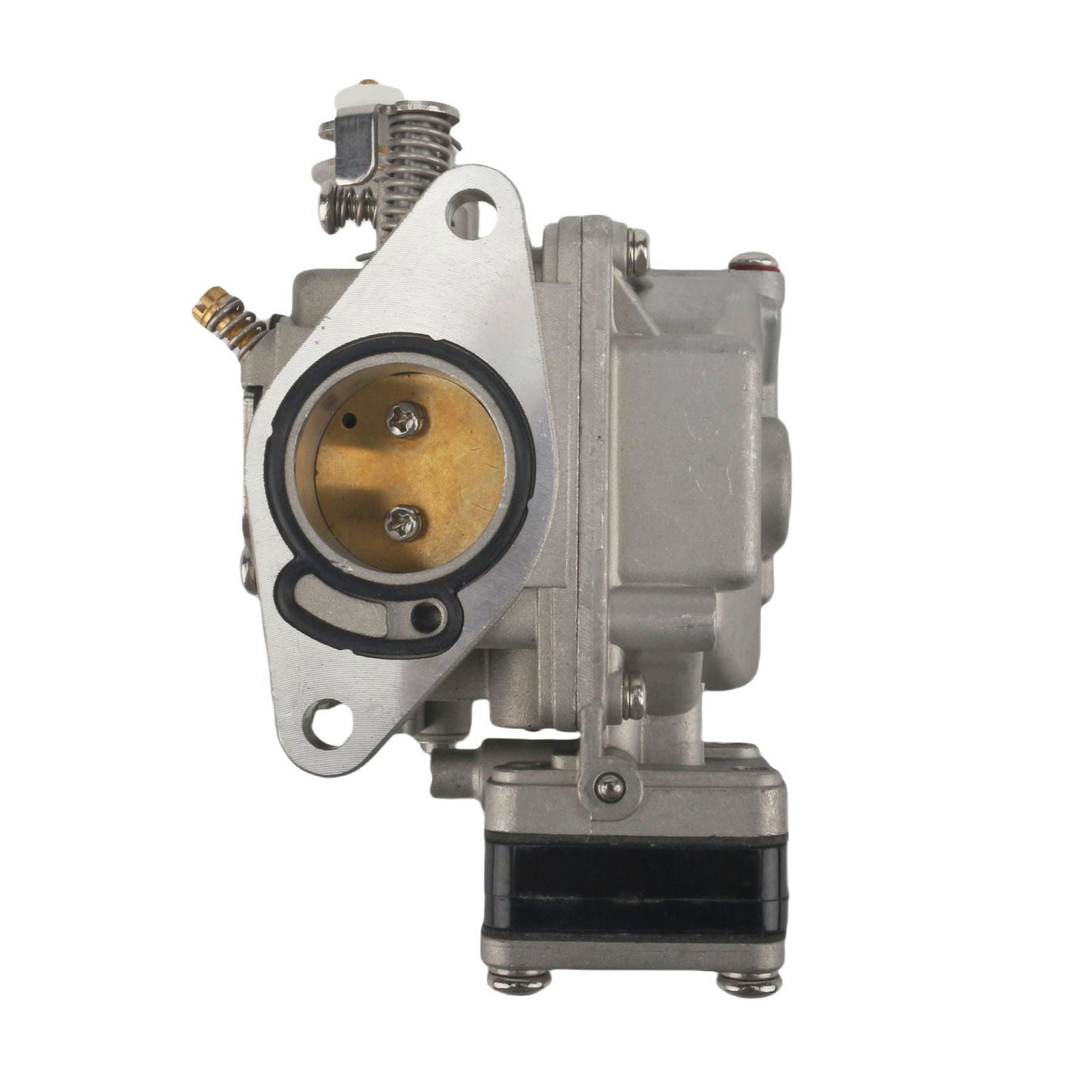 photo: JLM Marine carburetor for Tohatsu Nissan 18hp, silver body, brass accents, black rubber gasket on mounting plate