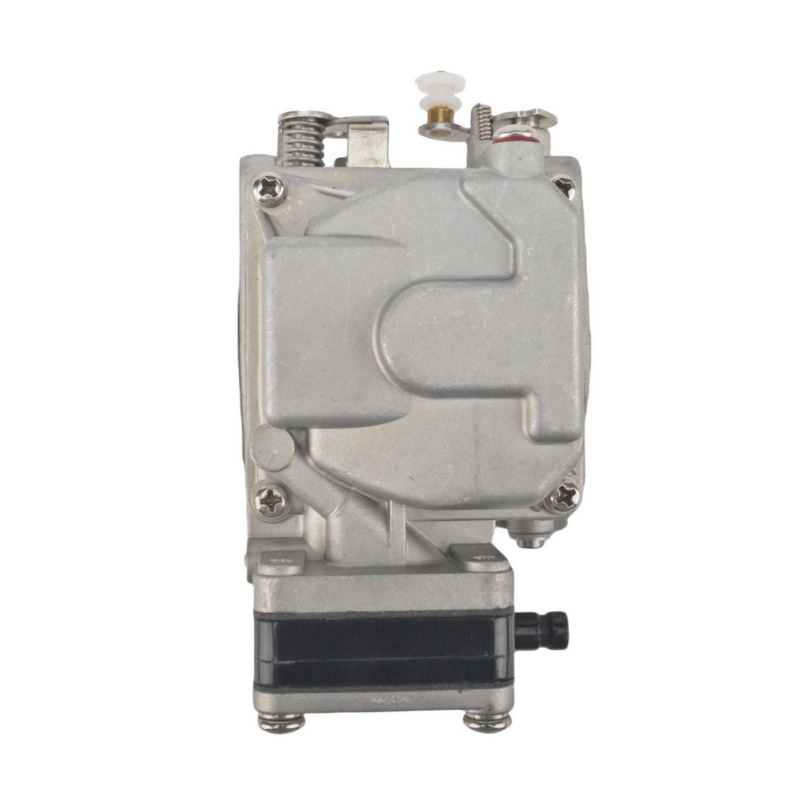 photo of jlm marine carburetor for tohatsu nissan 18hp silver metal body with C-shaped indentation and black bottom section