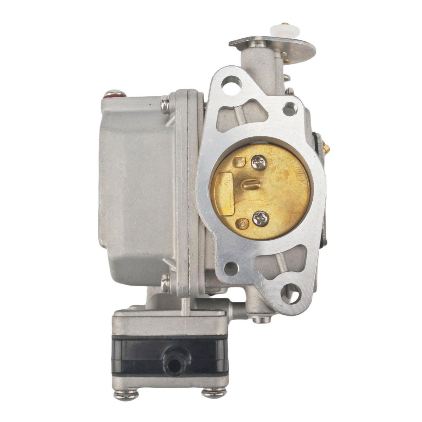 photo of jlm marine carburetor for tohatsu nissan 18hp with brushed aluminum and brass components side profile