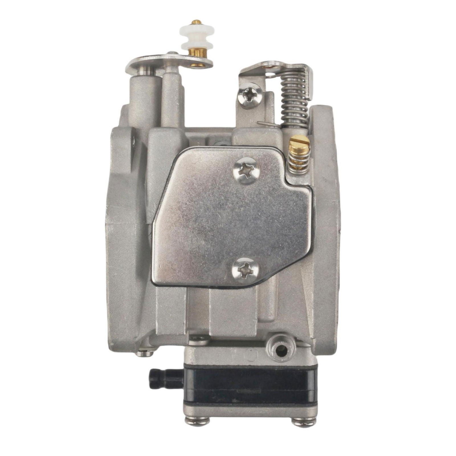 photo of jlm marine carburetor for tohatsu nissan 18hp with silver cast aluminum body, coiled spring, and black bottom housing