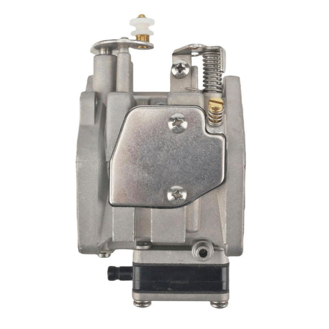 photo of jlm marine carburetor for tohatsu nissan 18hp with silver cast aluminum body, coiled spring, and black bottom housing