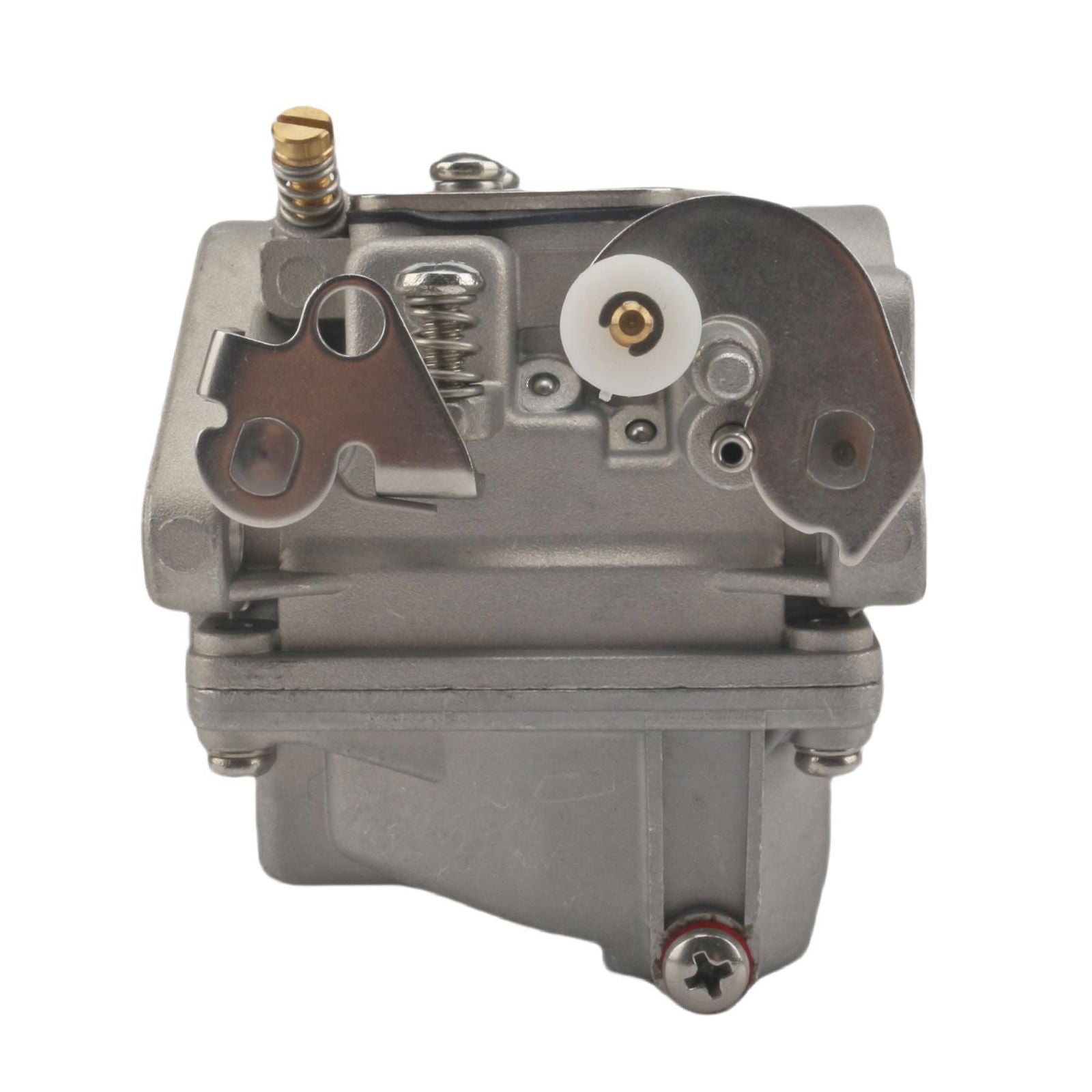 photo of jlm marine carburetor for tohatsu nissan 18hp with silver aluminum body ribbed texture and throttle lever