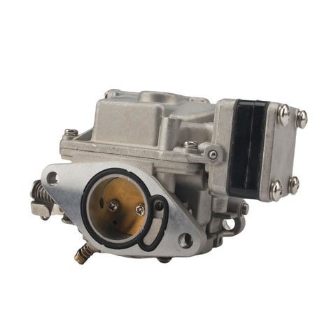 photo of jlm marine carburetor for tohatsu nissan 18hp, light gray metallic body with silver intake flange and black rubber side component