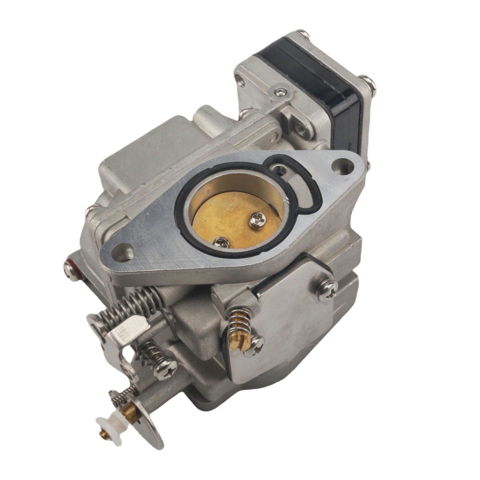 studio shot carburetor for tohatsu nissan 18hp, jlm marine, silver metallic body with brass colored venturi, mounting flange with bolt holes, black component at top, springs and linkages