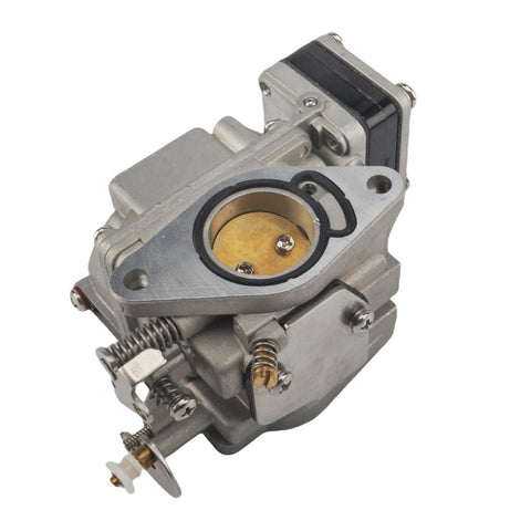 studio shot carburetor for tohatsu nissan 18hp, jlm marine, silver metallic body with brass colored venturi, mounting flange with bolt holes, black component at top, springs and linkages
